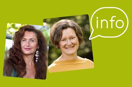 Grüner HIntergrund mit zwei Portraitfotos von Hemma und Veronika und einer Sprechblase mit dem Wort Info.